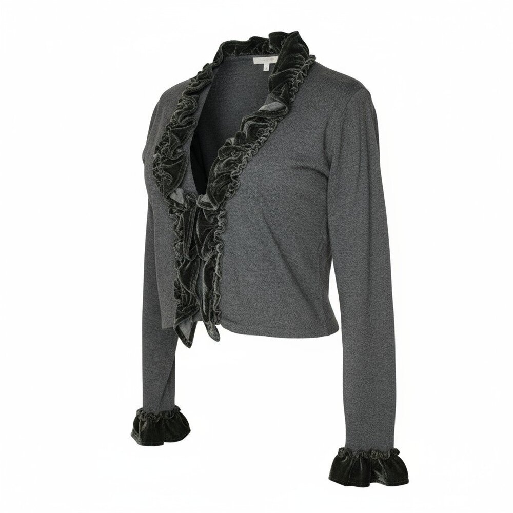 Dressbarn Collection Size L Gray Velvet Ruffle Trim Cropped Cardigan - Picture 2 of 5